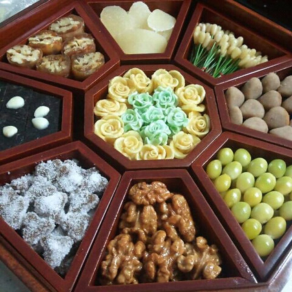Hexagonal lacquer tray of assorted traditional sweets