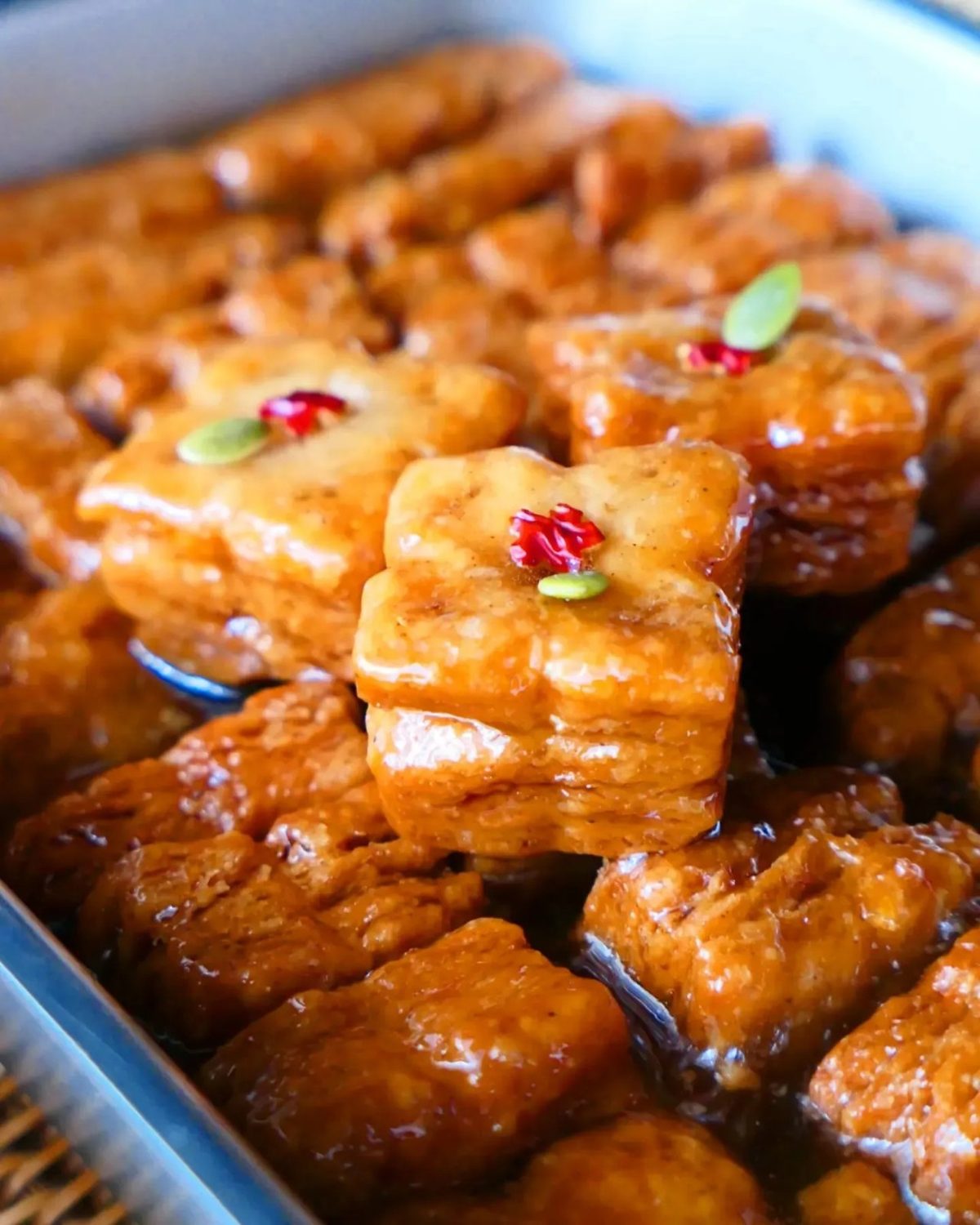 Glazed yakgwa honey pastries stacked